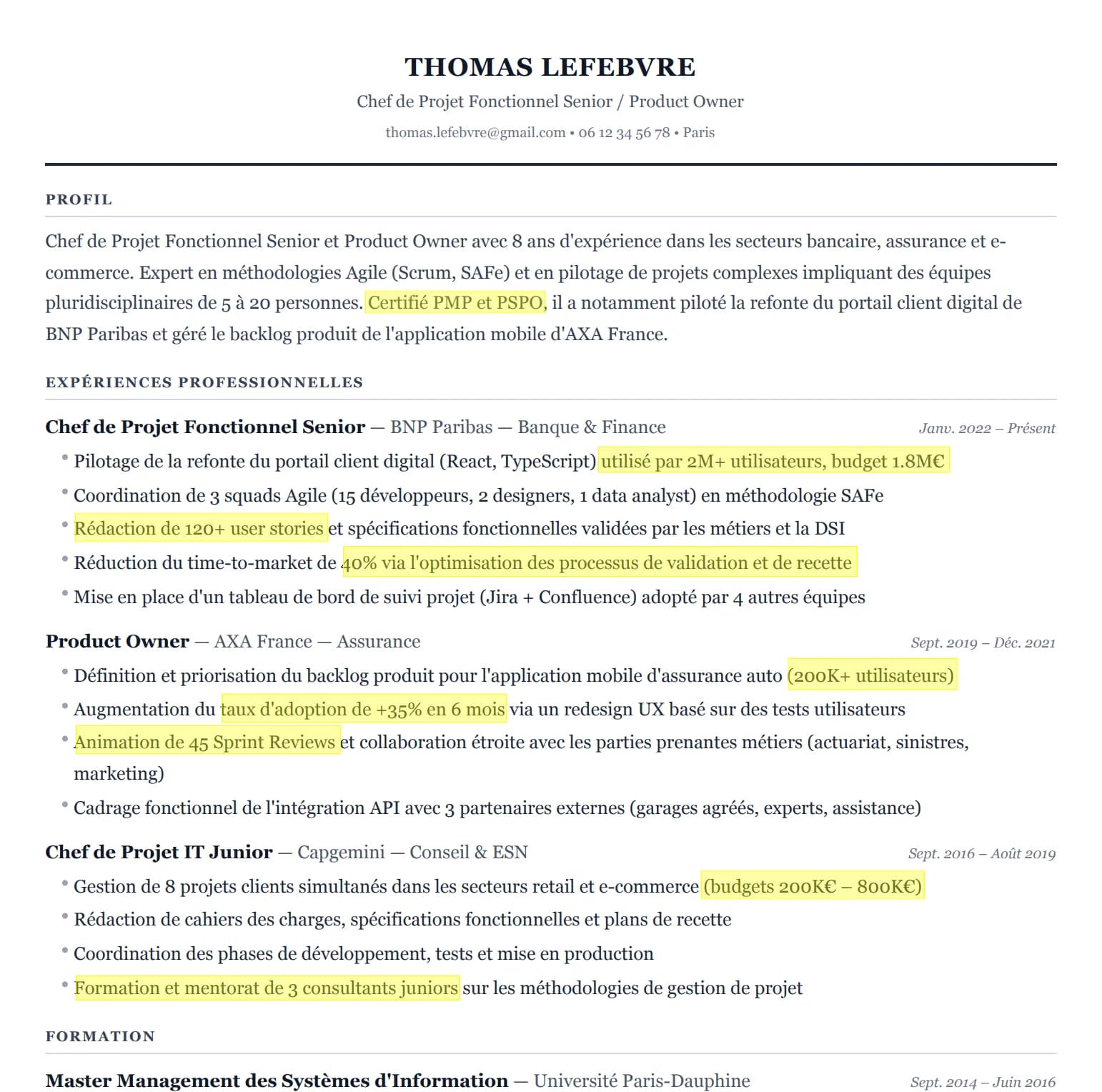 Exemple de CV ATS optimisé avec CVScore — Chef de Projet Fonctionnel Senior